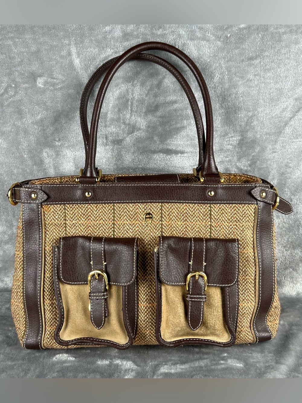 Vintage ETIENNE AIGNER Plaid Wool Tweed Leather & Suede Tote Satchel Bag Handbag